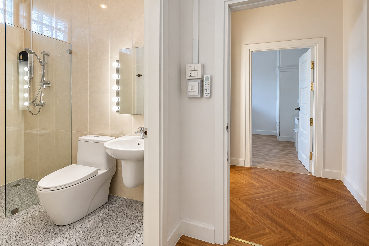 Modern bathroom with walk-in shower, apartment in Sisattanak, Vientiane