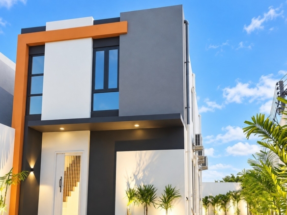 Modern villa facade with landscaped entrance – Sisattanak expat area, Vientiane