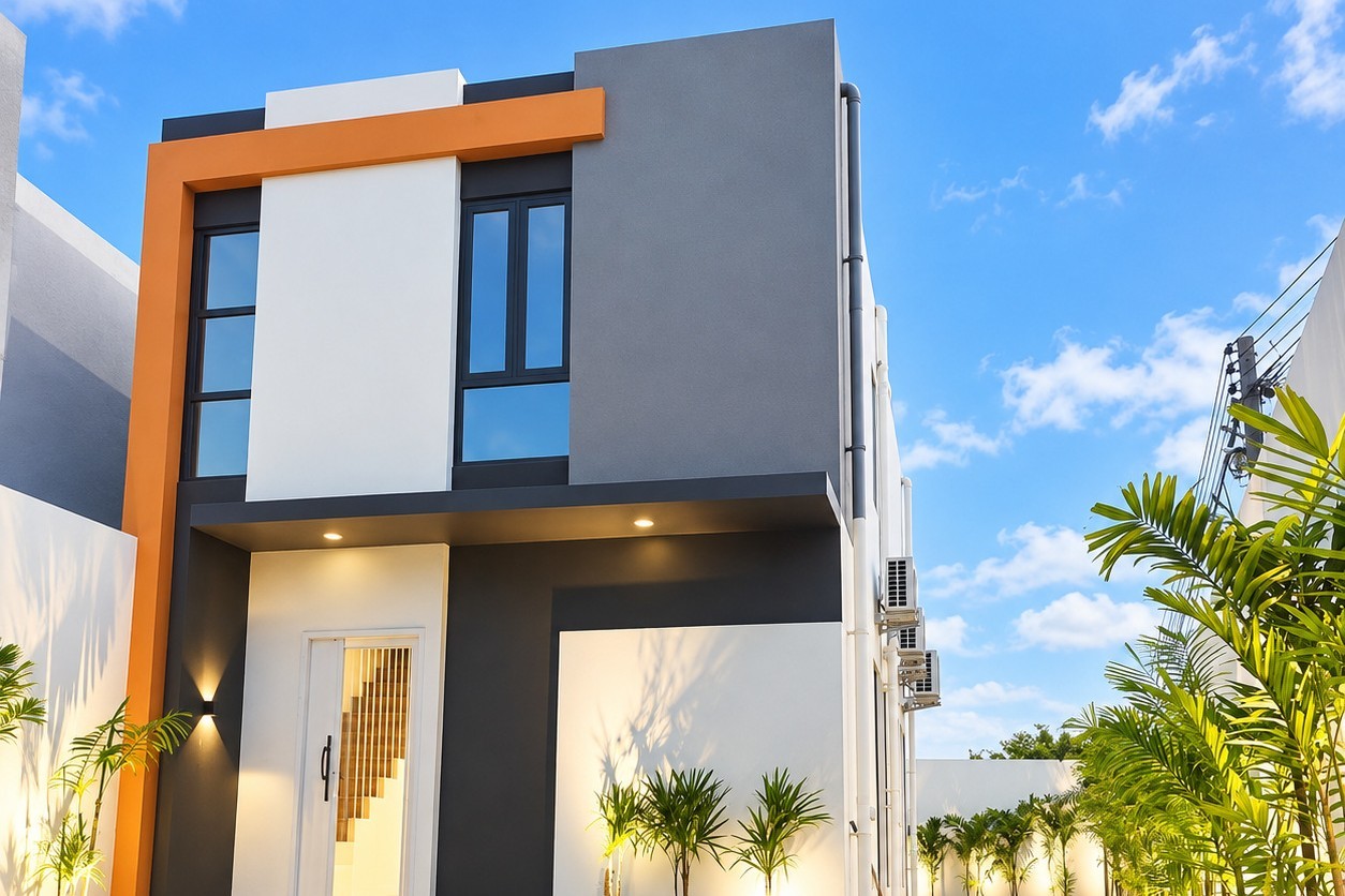 Modern villa facade with landscaped entrance – Sisattanak expat area, Vientiane