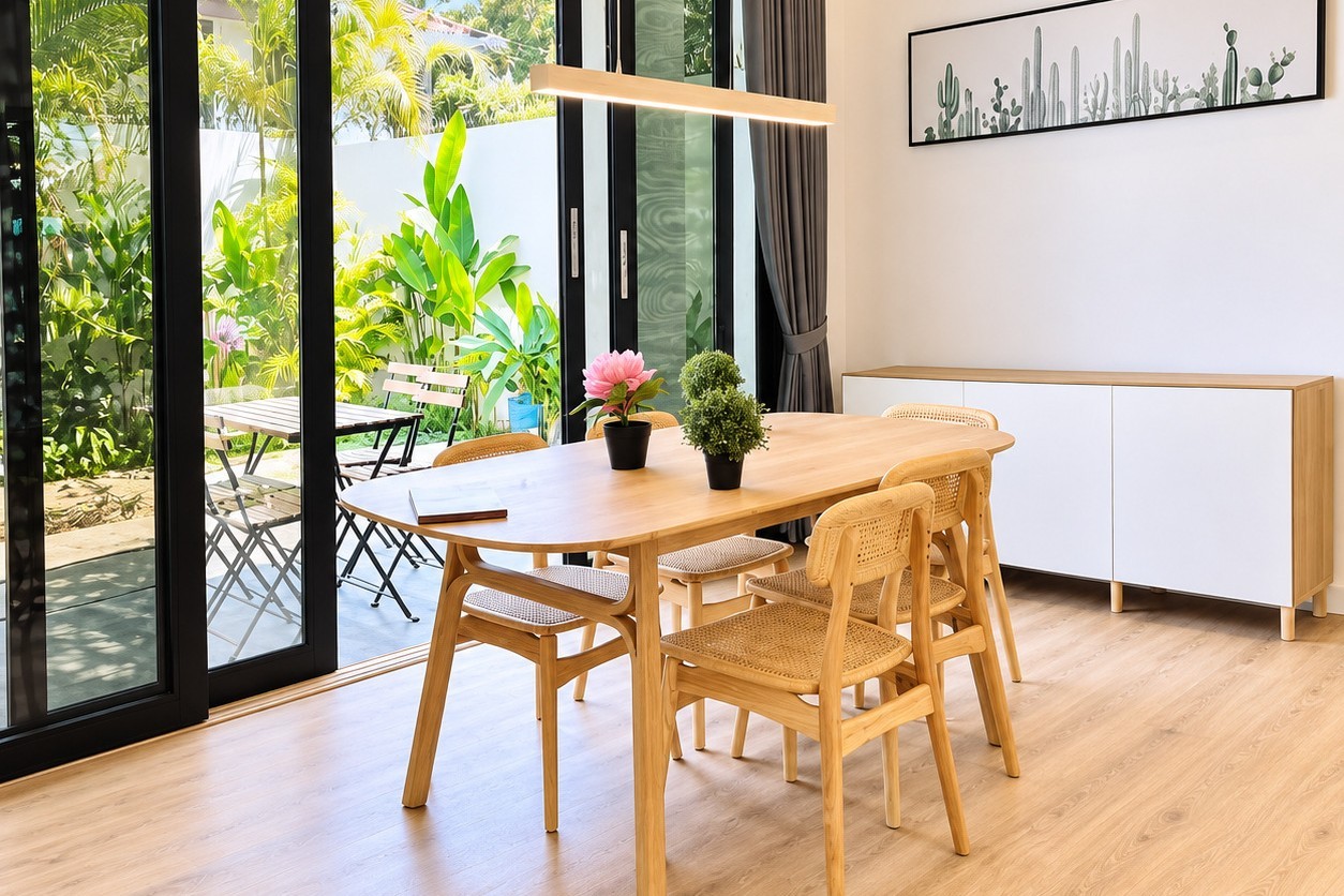 Dining area opening onto the garden terrace – modern villa Vientiane