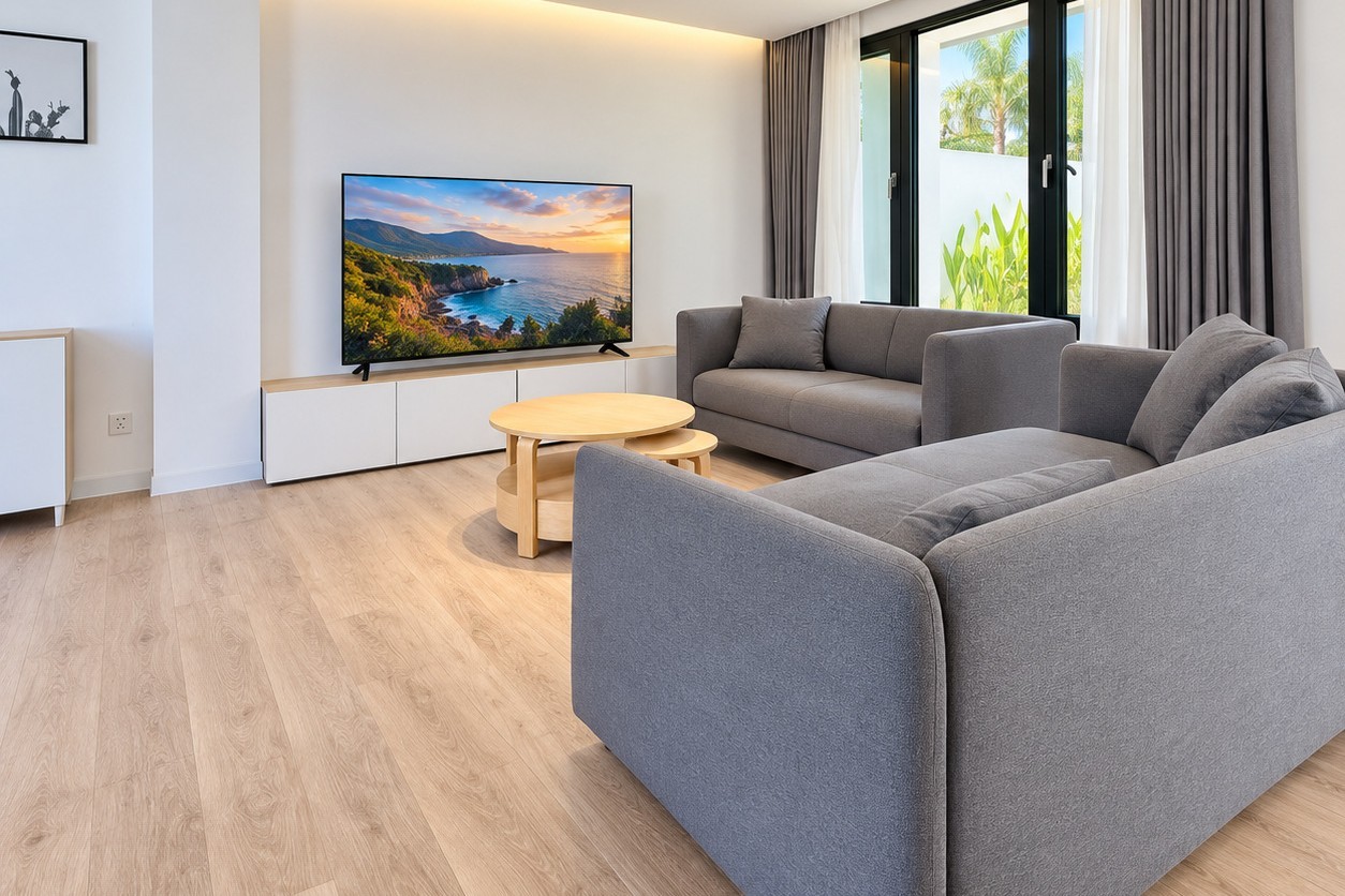 Living room with sofas and TV – furnished villa for rent Vientiane