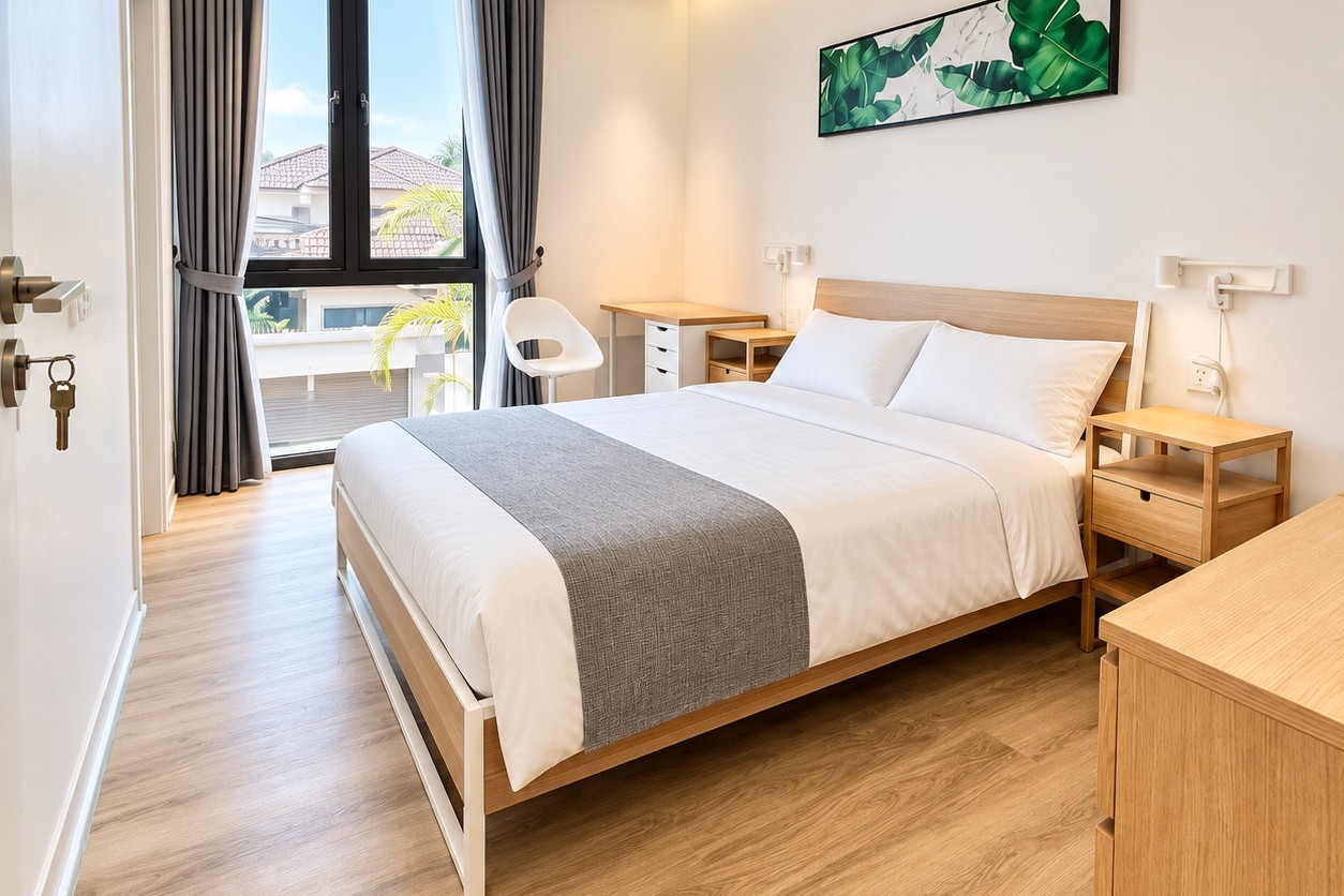 Bedroom with double bed and desk – modern villa Sisattanak