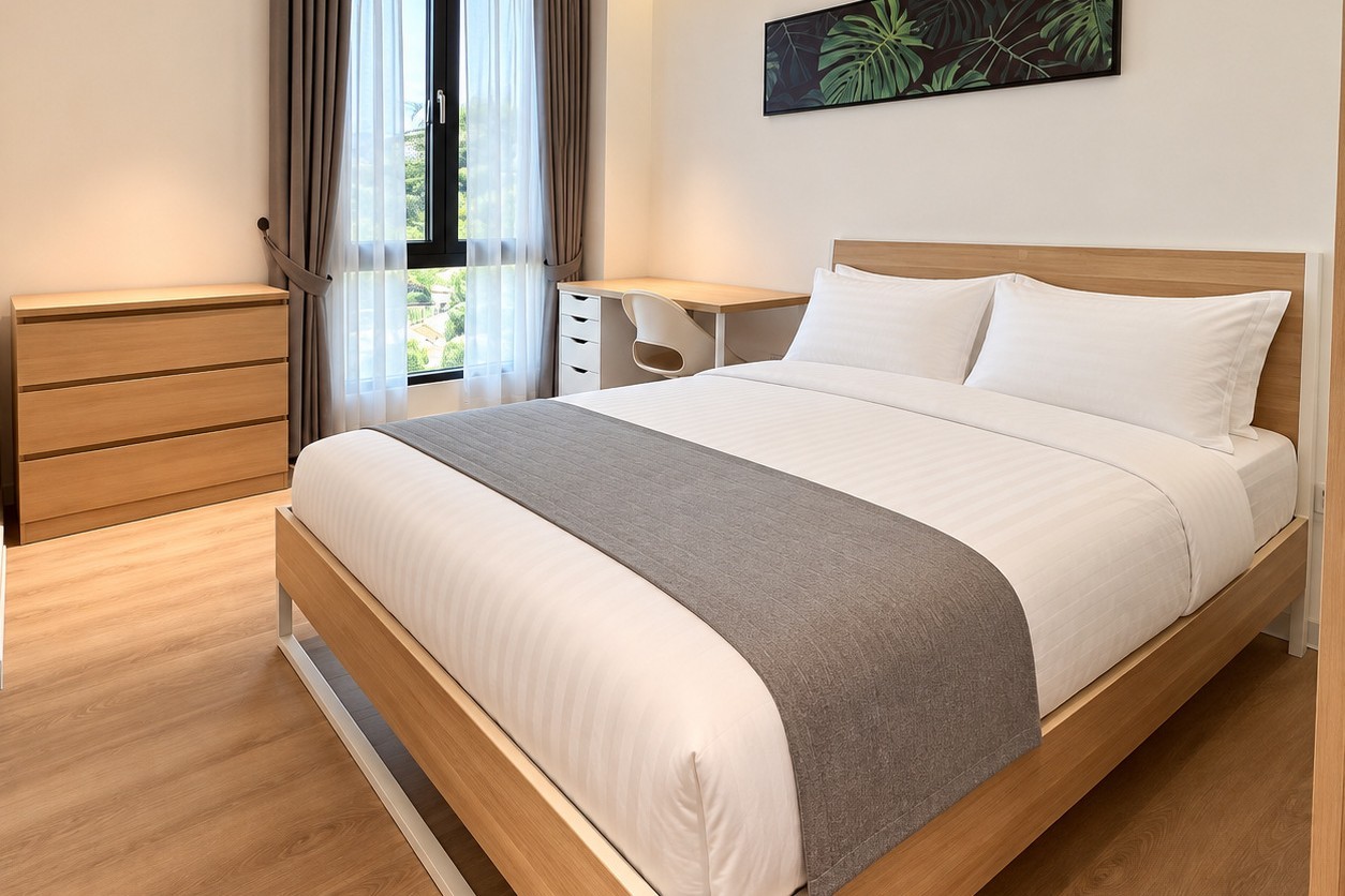Air-conditioned bedroom with desk and dresser – villa Vientiane