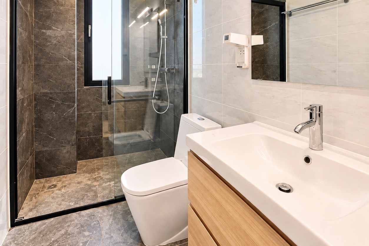 Bathroom with walk-in shower – modern villa Vientiane