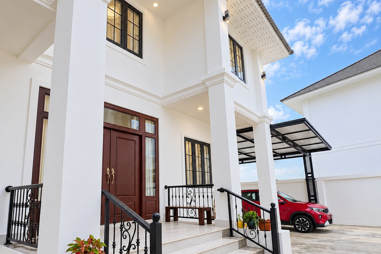 Modern white villa facade with covered parking – modern villa, Sisattanak expat area, Vientiane