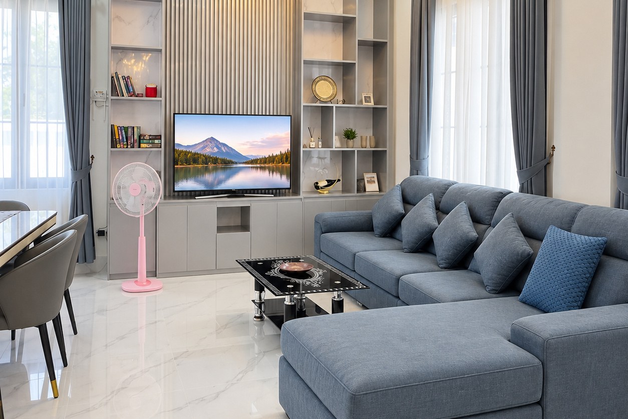 Living room with corner sofa and smart TV – modern villa, Sisattanak expat area, Vientiane