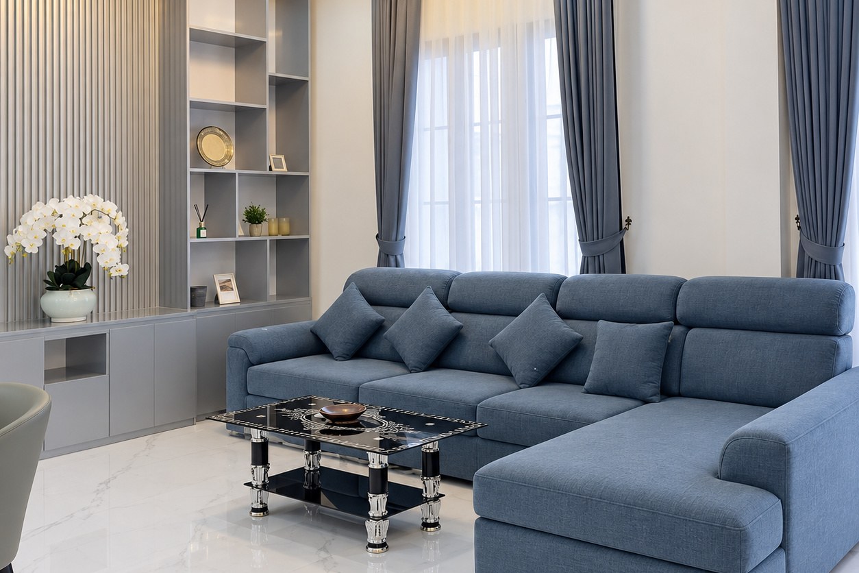 Living room with blue sofa and built-in shelves – modern villa, Sisattanak expat area, Vientiane