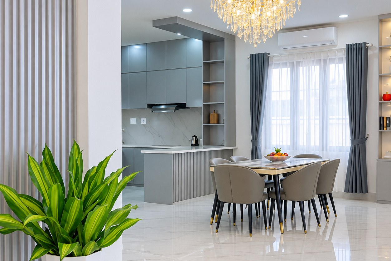Dining area with chandelier and open kitchen – modern villa, Sisattanak expat area, Vientiane