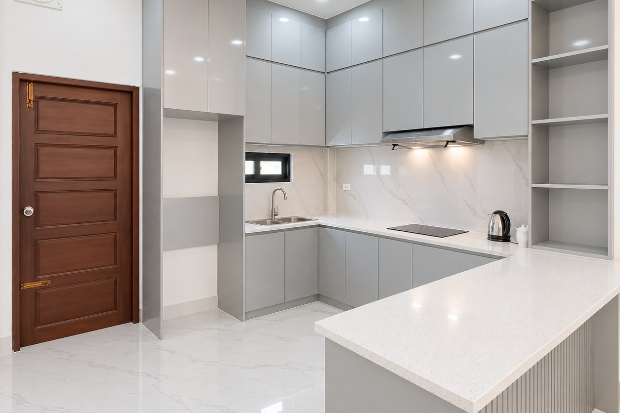 Fitted kitchen with induction hob and breakfast bar – modern villa, Sisattanak expat area, Vientiane