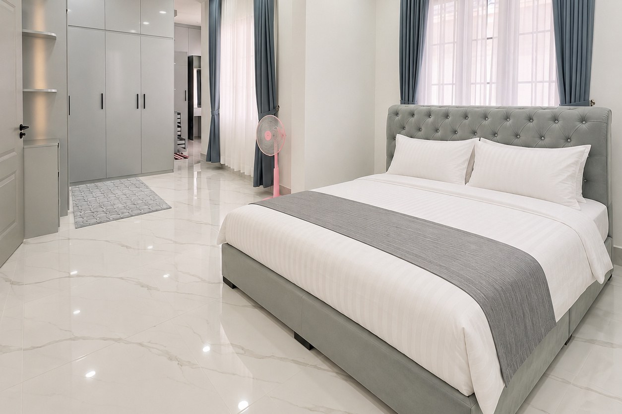 Bedroom with king-size bed and fitted wardrobe – modern villa, Sisattanak expat area, Vientiane