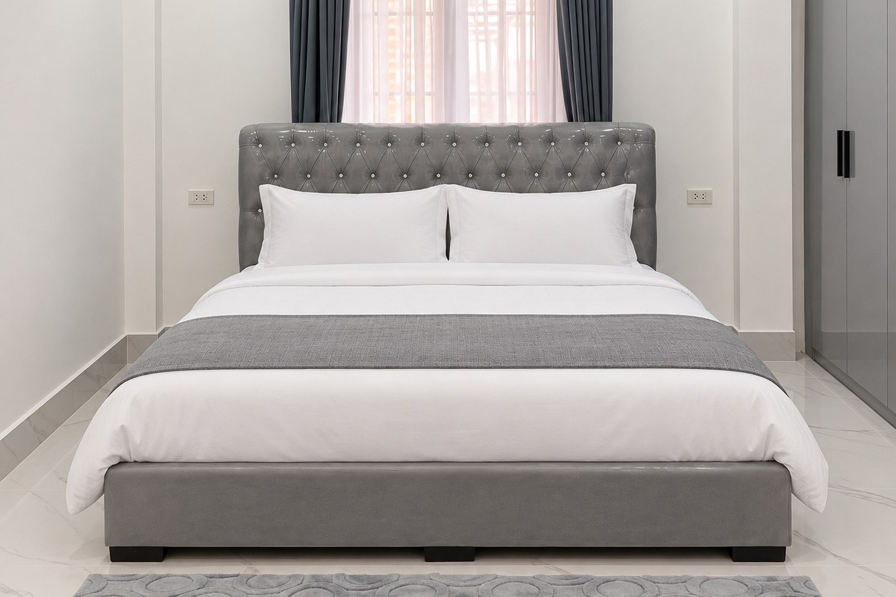 Bedroom with tufted headboard – modern villa, Sisattanak expat area, Vientiane