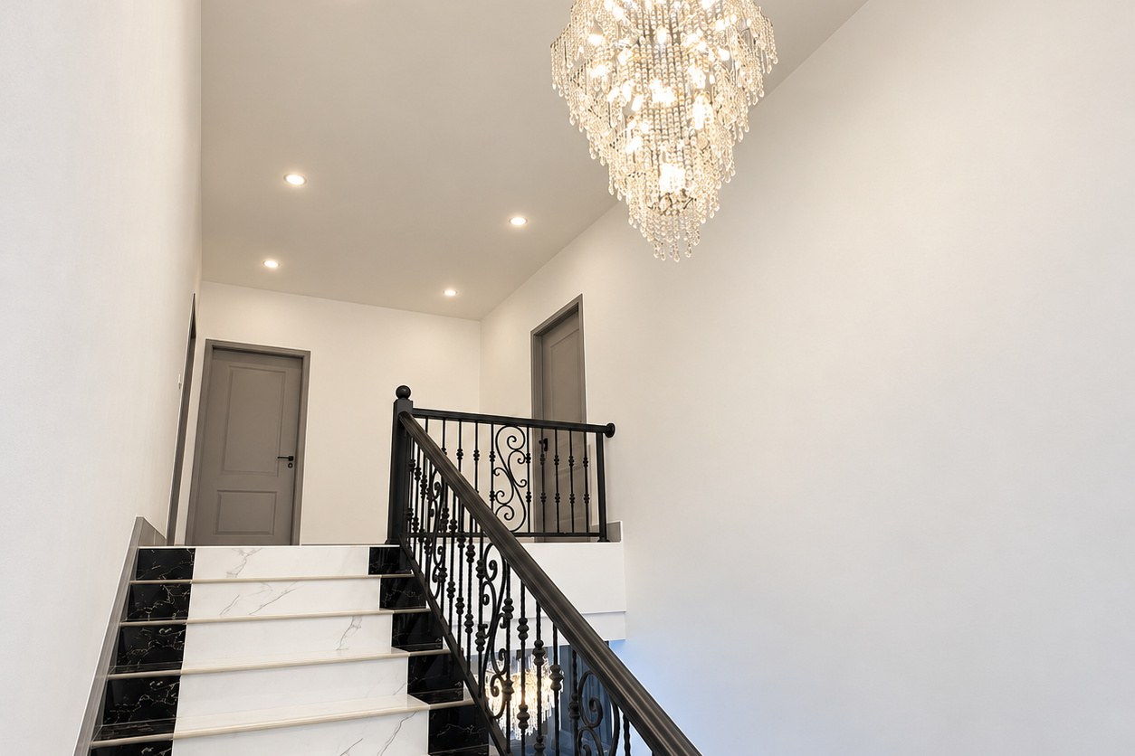 Marble staircase with crystal chandelier – modern villa, Sisattanak expat area, Vientiane