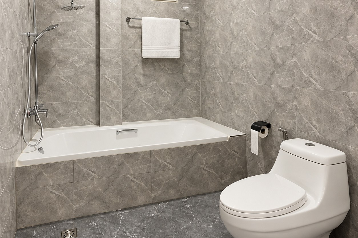 Bathroom with bathtub and rain shower – modern villa, Sisattanak expat area, Vientiane