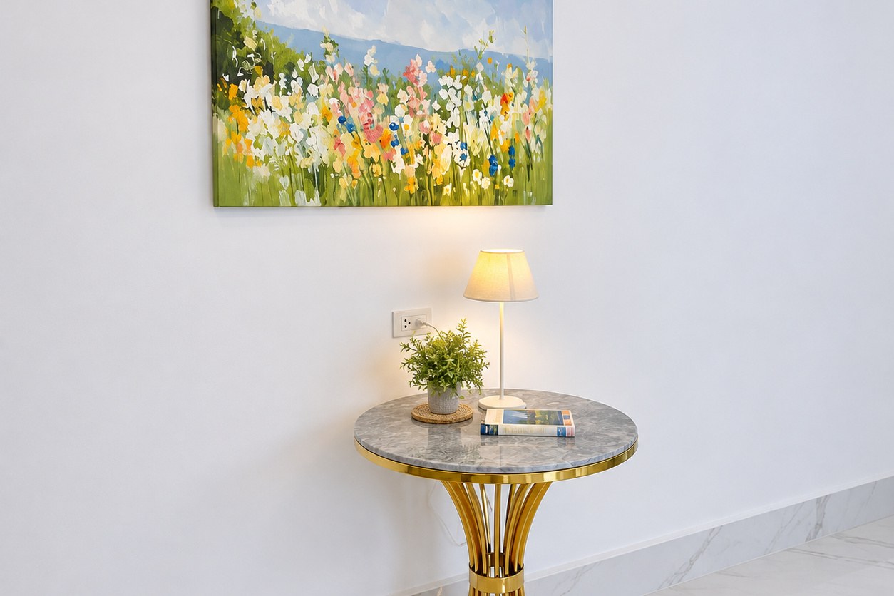 Decorative corner with marble side table – modern villa, Sisattanak expat area, Vientiane