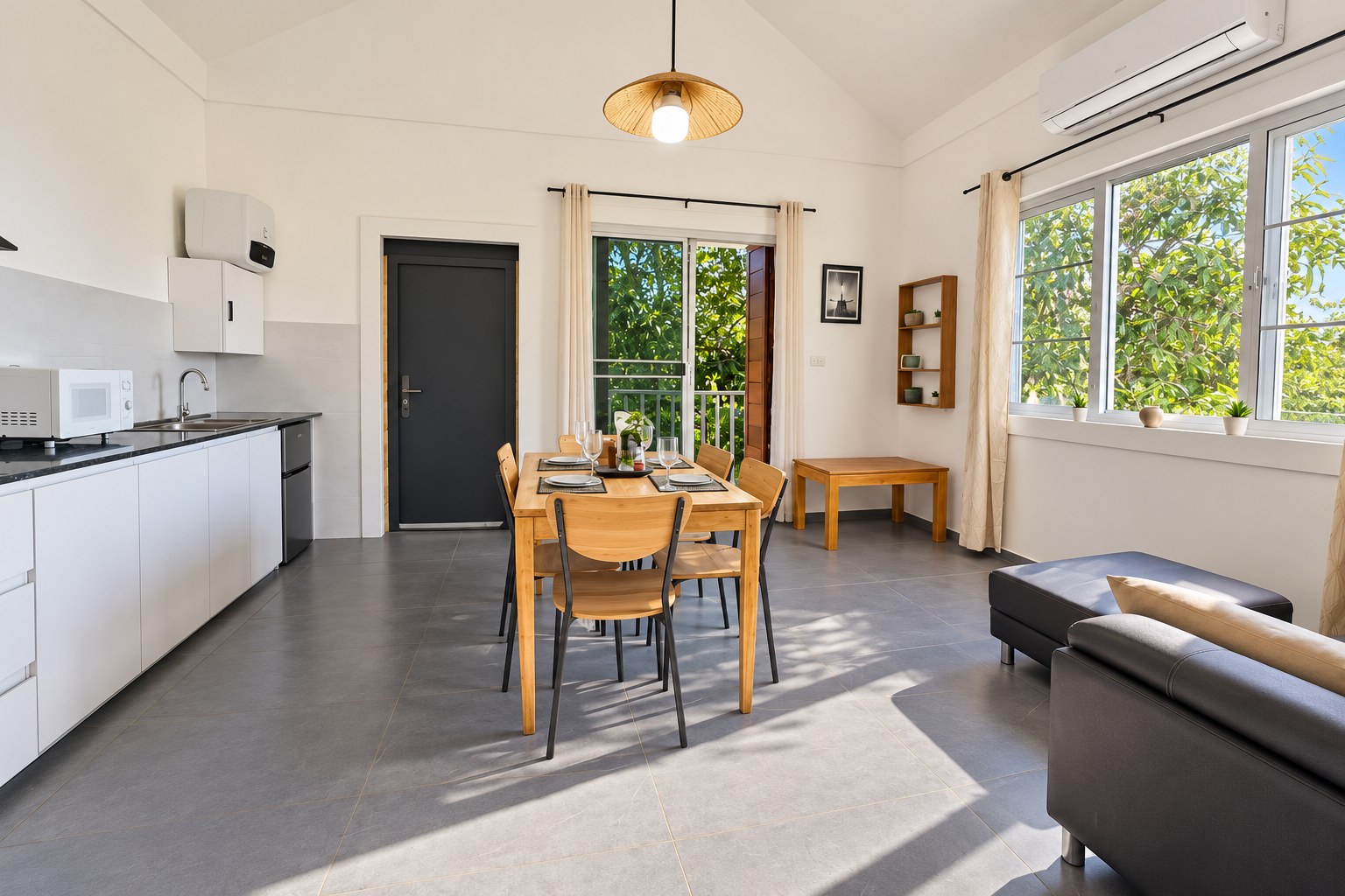 New 1 bedroom apartment for rent near Wattay Airport Vientiane – Living and dining room with equipped kitchen