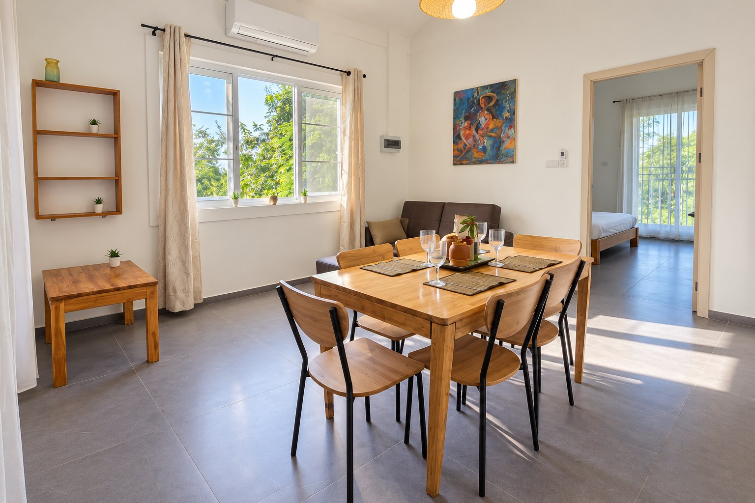 New 1 bedroom apartment for rent near Wattay Airport Vientiane – Dining room with sofa and garden view