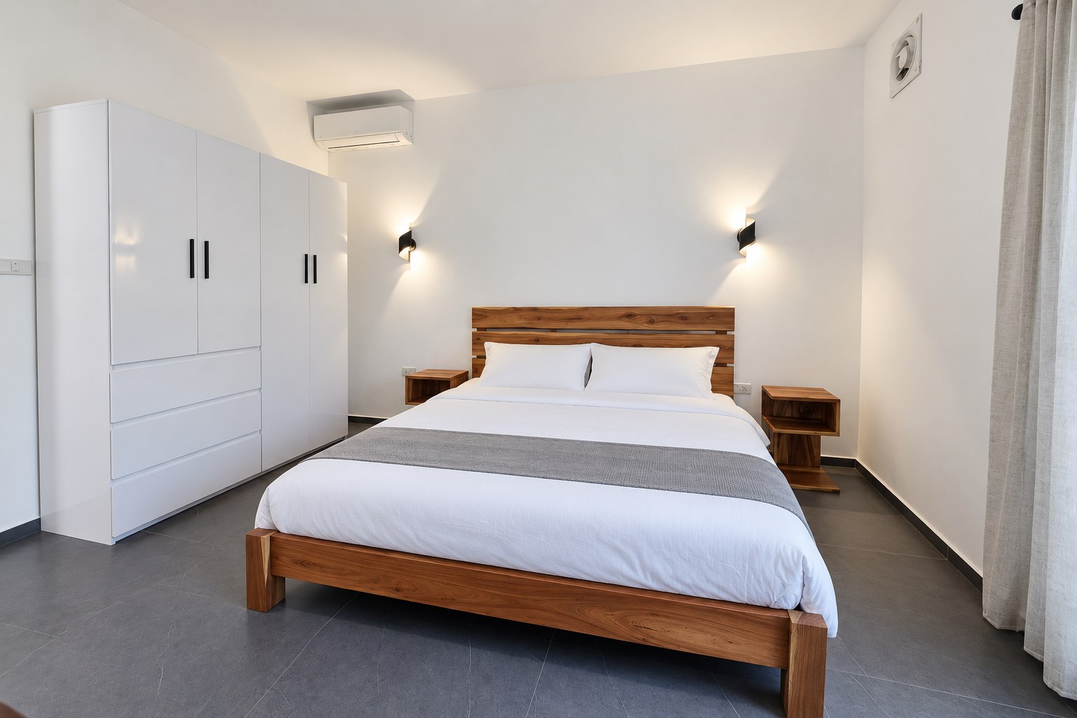 New 1 bedroom apartment for rent near Wattay Airport Vientiane – Bedroom with double bed and wardrobe