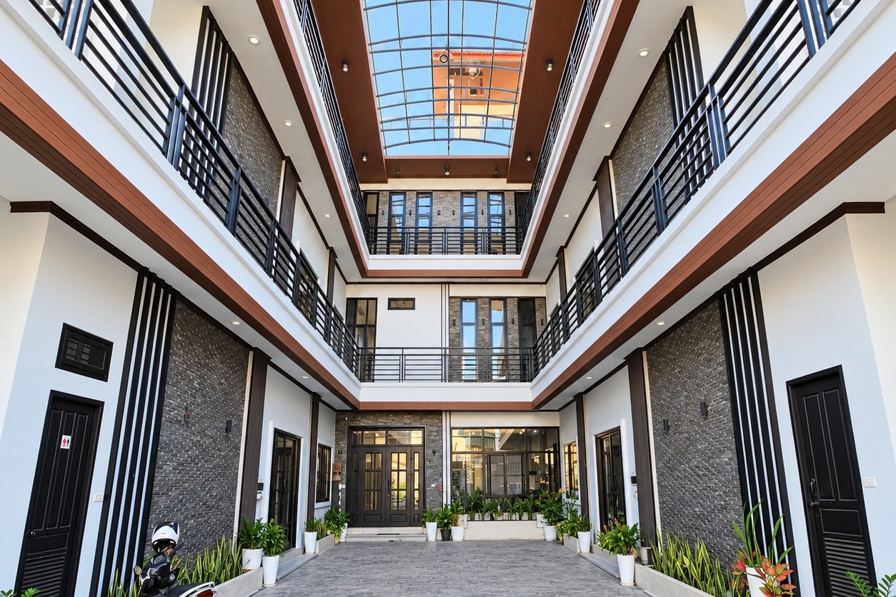 Modern residence courtyard with skylight – new apartment near Patuxai, Vientiane
