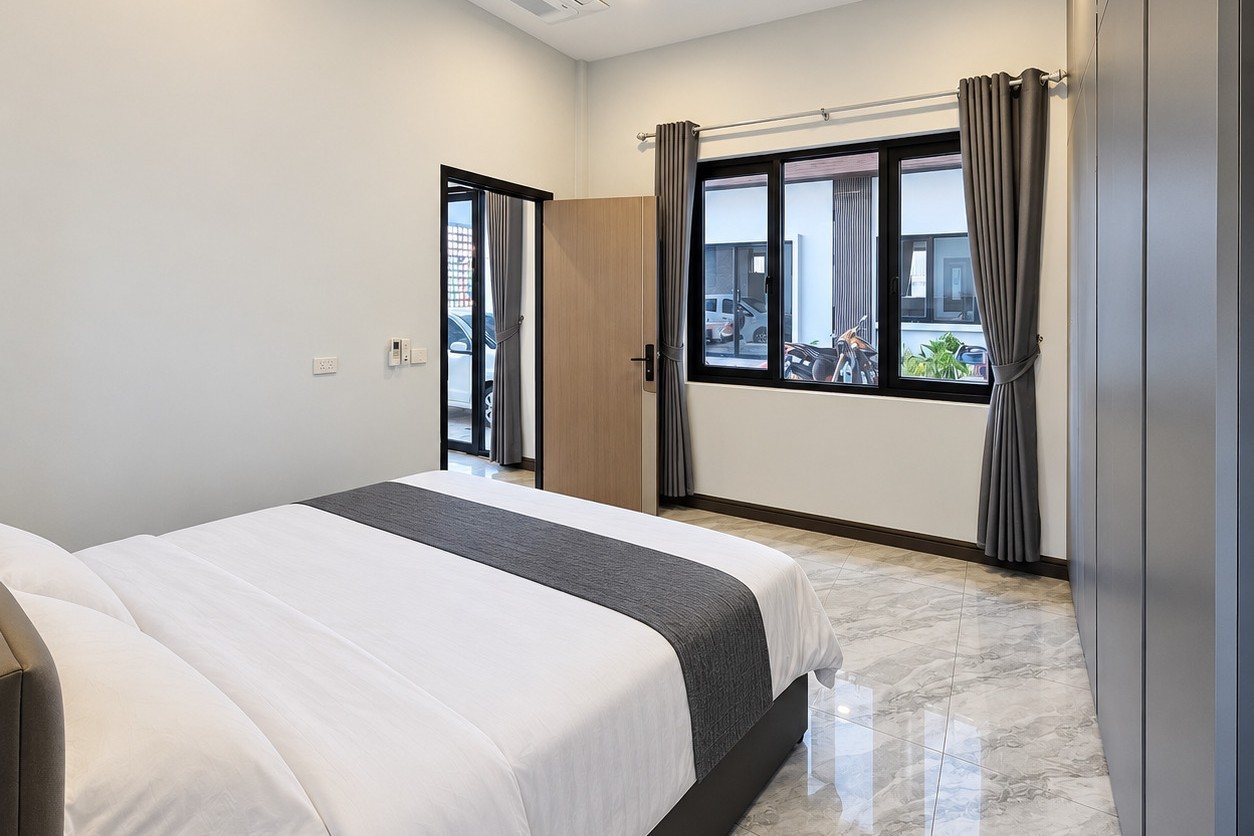 Air-conditioned bedroom with ceiling fan – 1-bedroom apartment near Patuxai