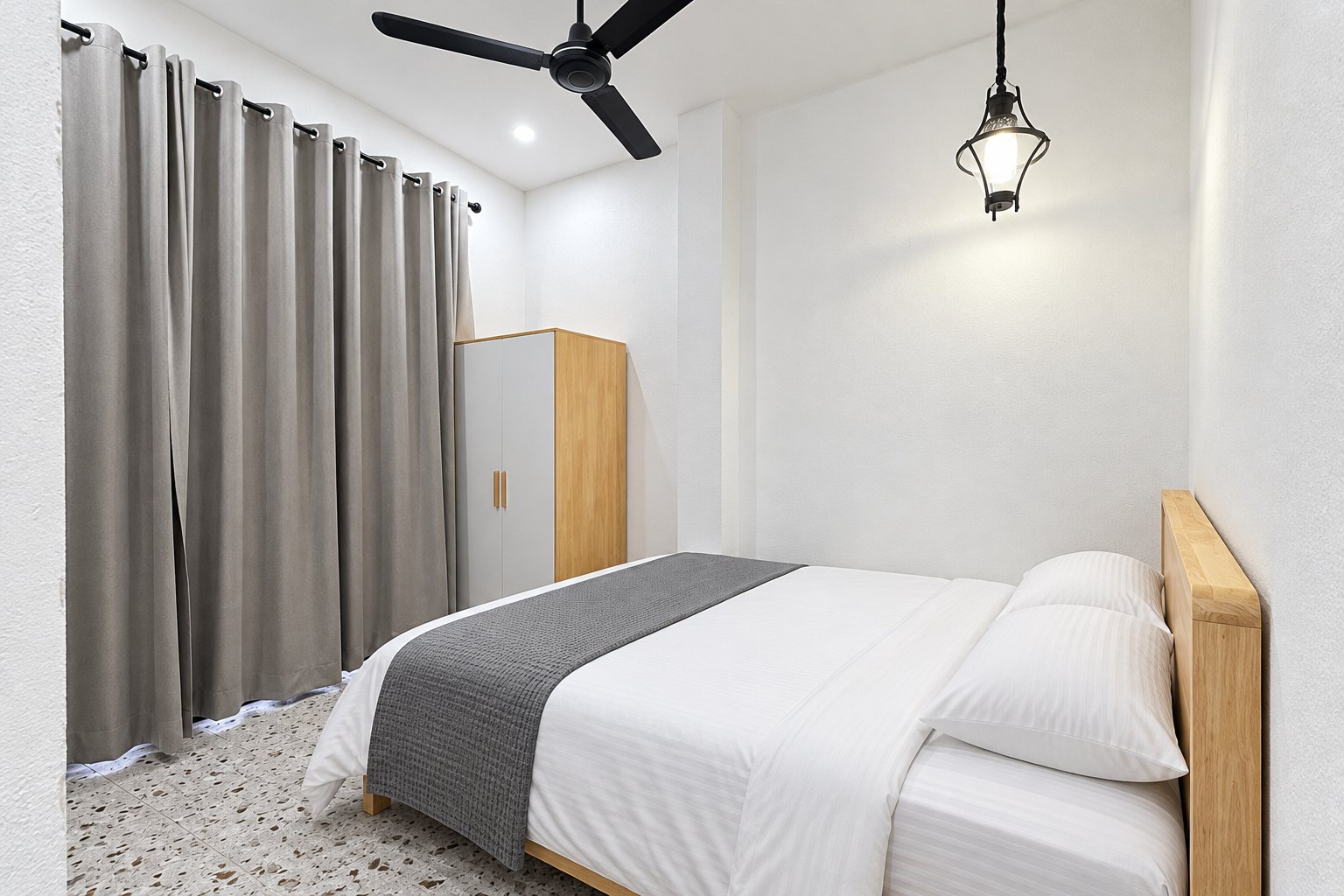 Bedroom with double bed and wardrobe – new apartment, city center, Vientiane