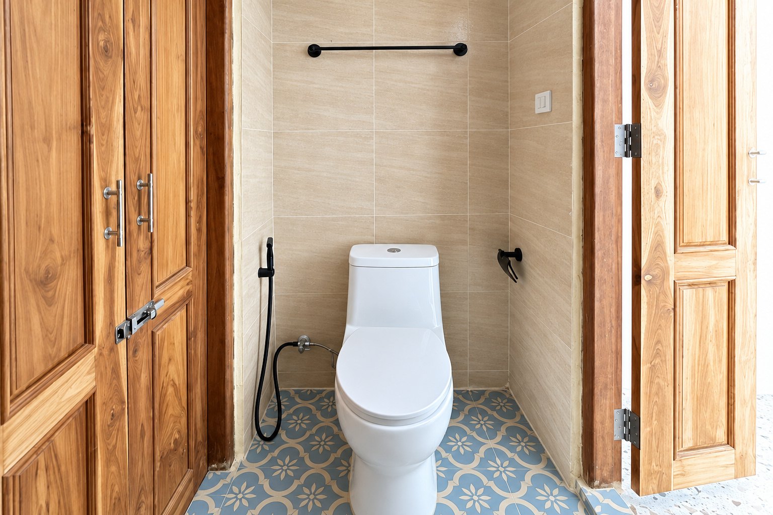 Separate toilet with teak doors – new apartment, city center, Vientiane