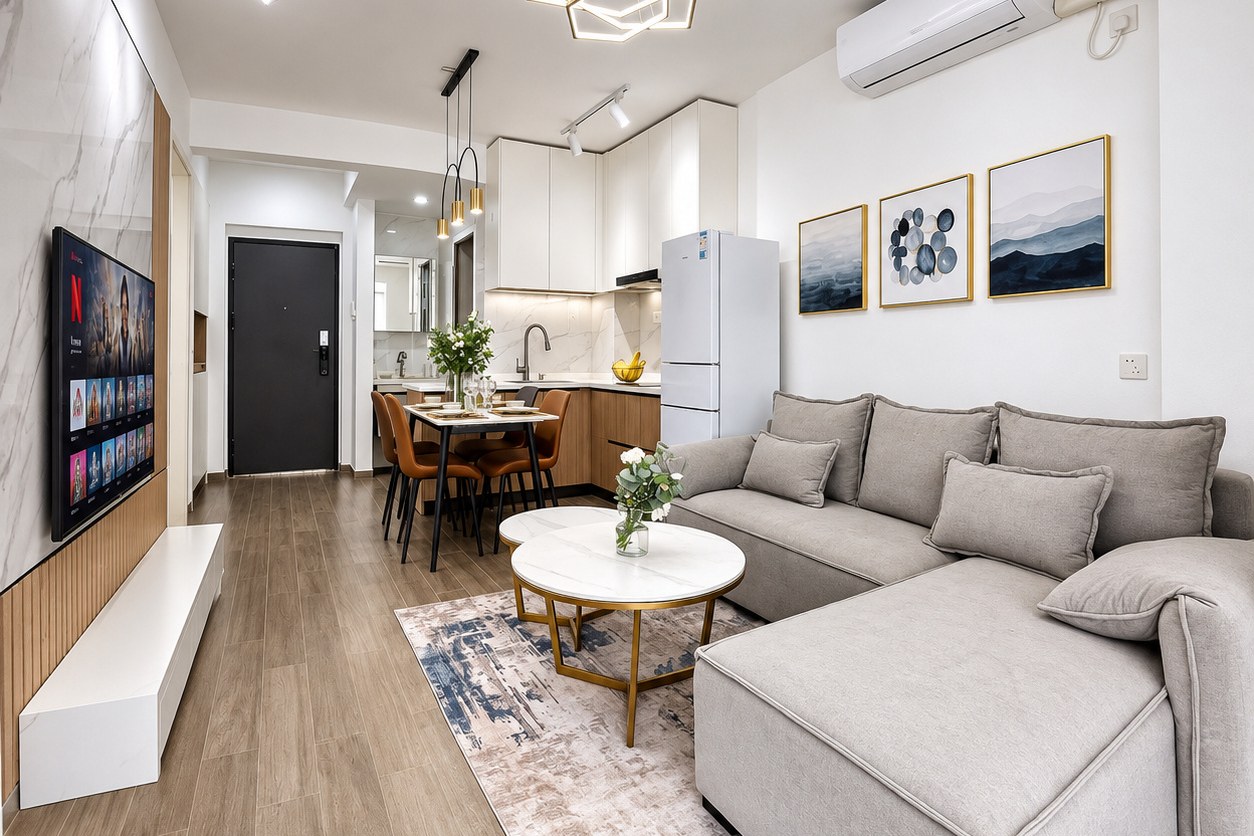 Modern living room with corner sofa and smart TV – new condo apartment near Patuxai, Vientiane