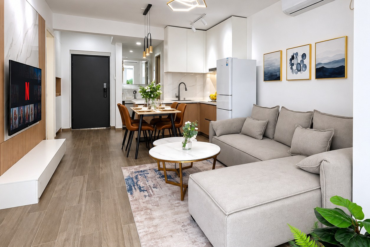Open-plan living room with dining area and kitchen – new condo apartment near Patuxai, Vientiane