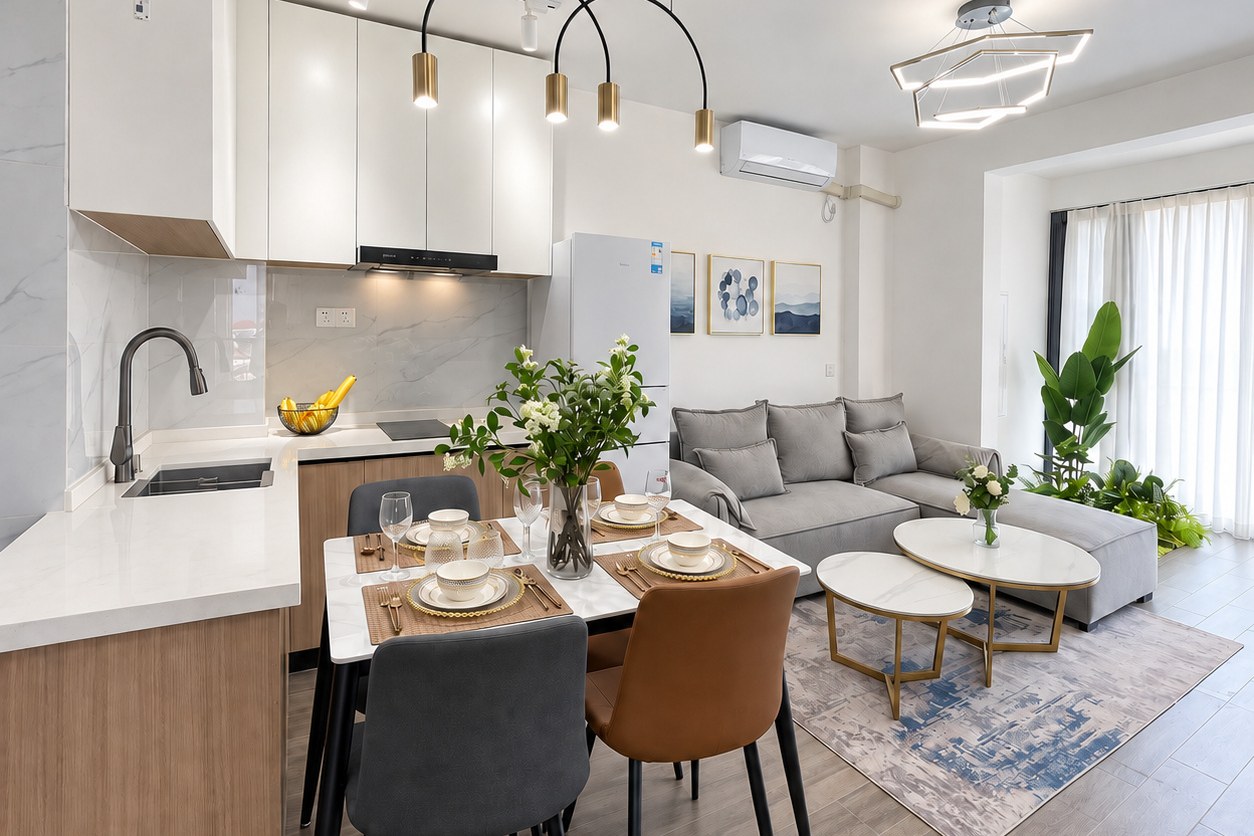 Dining table and fitted kitchen – new condo apartment near Patuxai, Vientiane