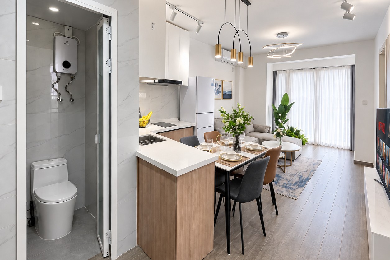 Kitchen with breakfast bar and bathroom – new condo apartment near Patuxai, Vientiane
