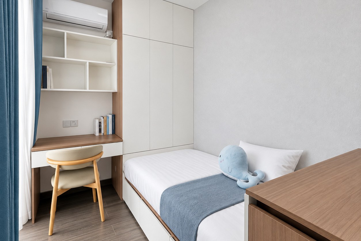 Second bedroom with desk and fitted wardrobe – new condo apartment near Patuxai, Vientiane