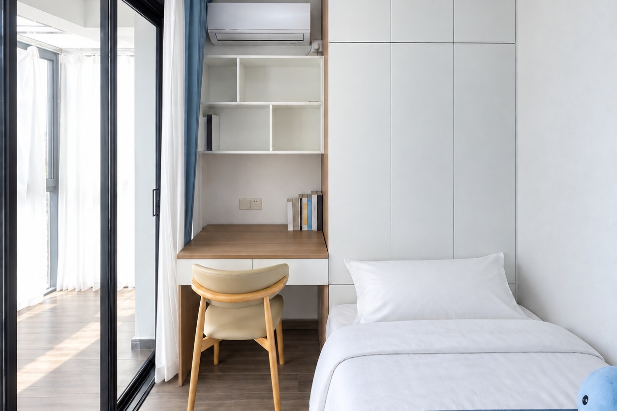 Second bedroom with sliding glass doors – new condo apartment near Patuxai, Vientiane