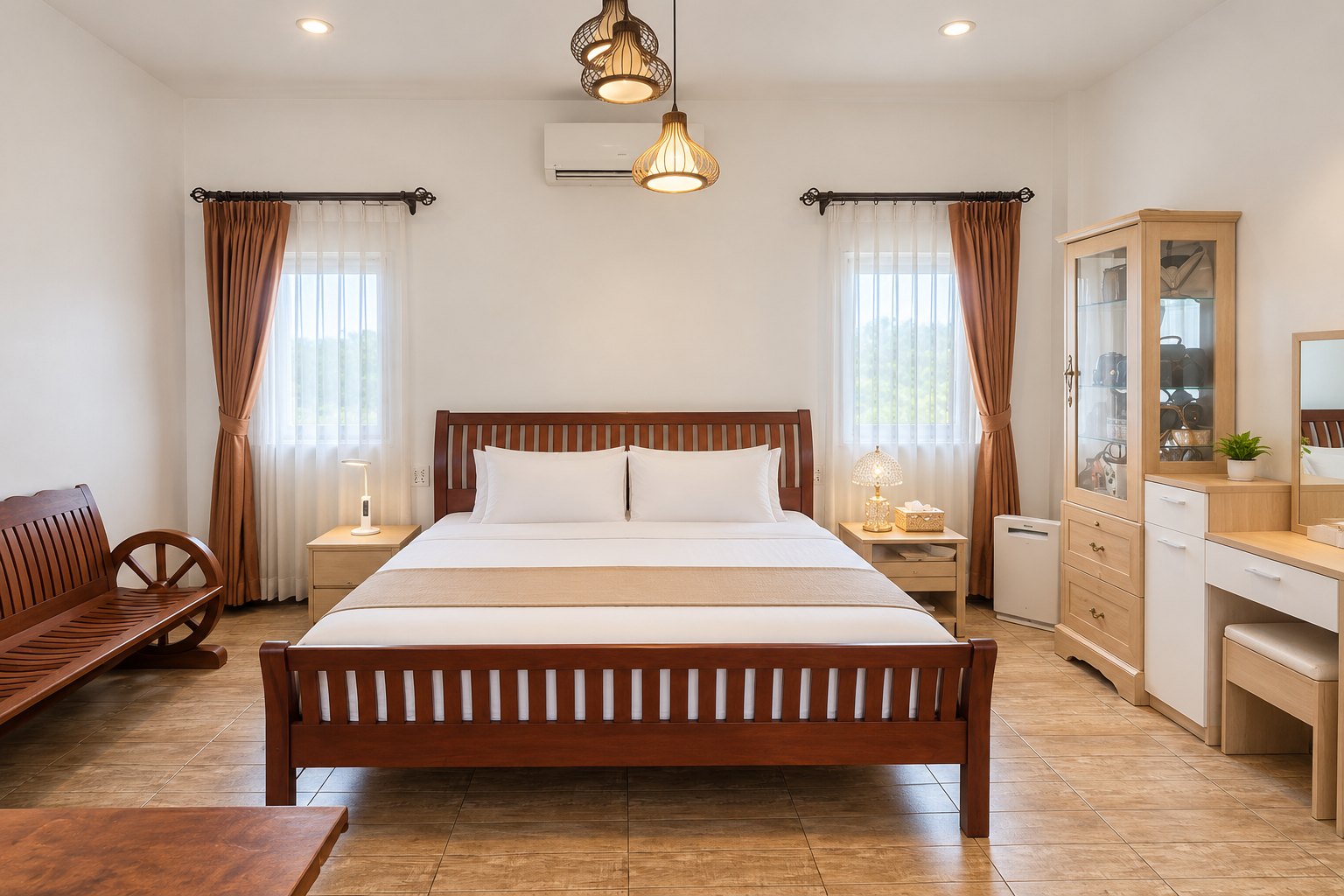 Master bedroom with wooden bed – near Khamsavath railway station, Vientiane