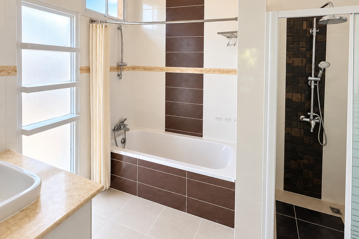 Bathroom with bathtub and walk-in shower – new 4-bedroom villa near ITECC Mall, Vientiane