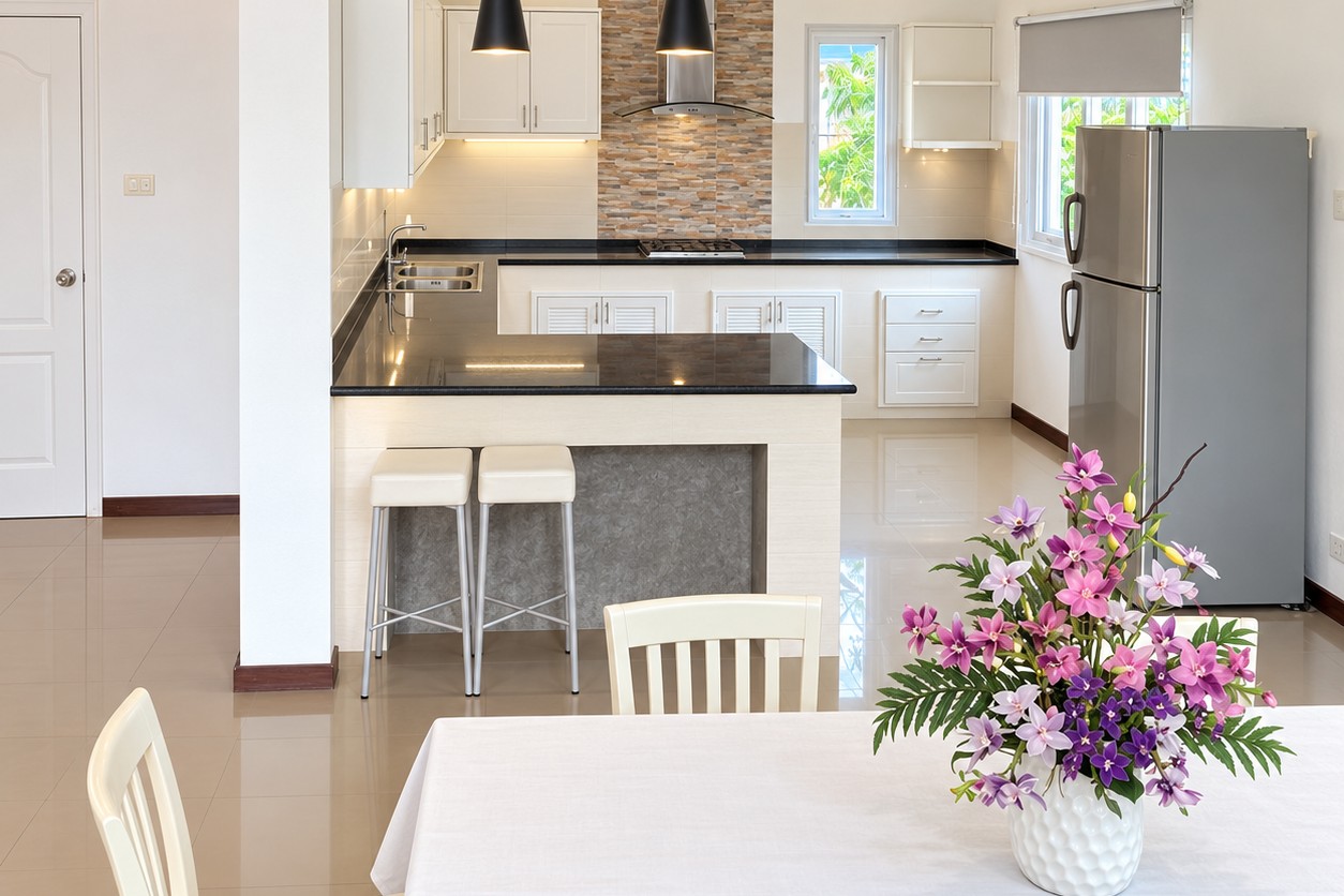 Open kitchen with breakfast bar – new 4-bedroom villa near ITECC Mall, Vientiane