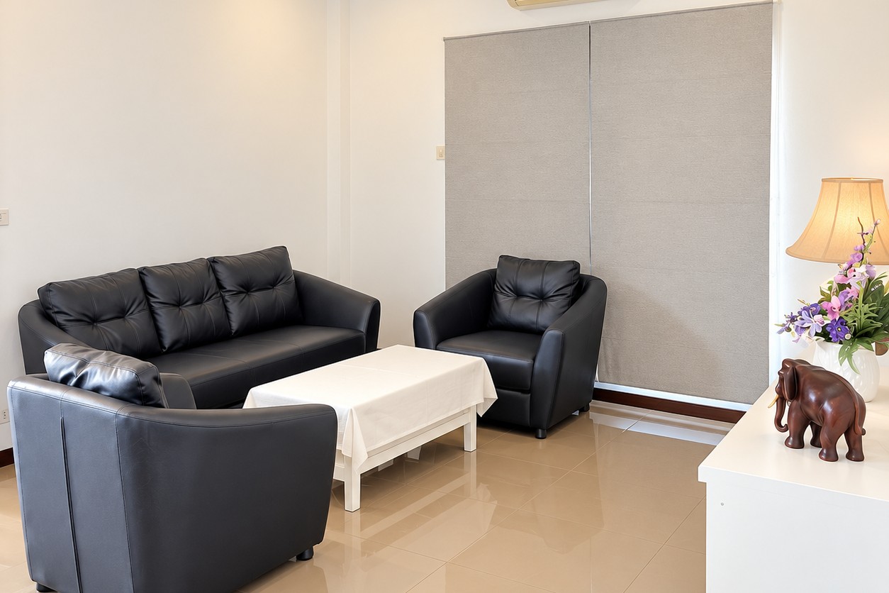 Lounge with leather sofa set – new 4-bedroom villa near ITECC Mall, Vientiane