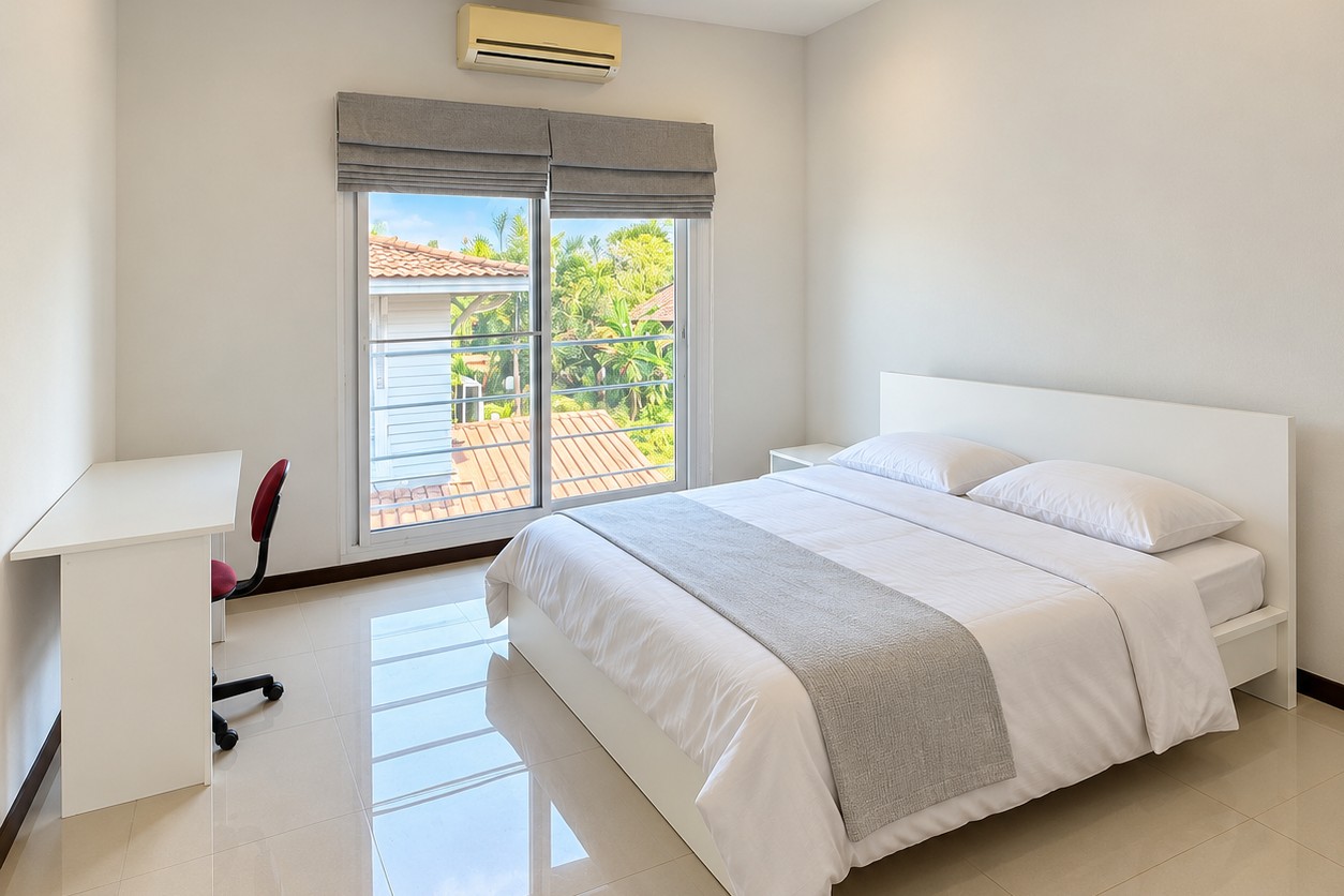 Bedroom with desk and garden view – new 4-bedroom villa near ITECC Mall, Vientiane