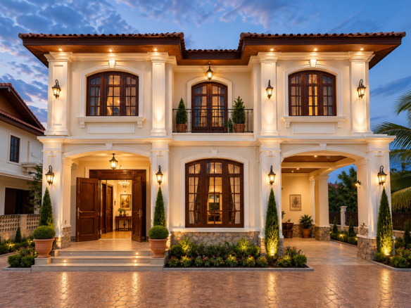 Colonial-style villa facade with covered parking at dusk – new villa, Xaysettha, Vientiane