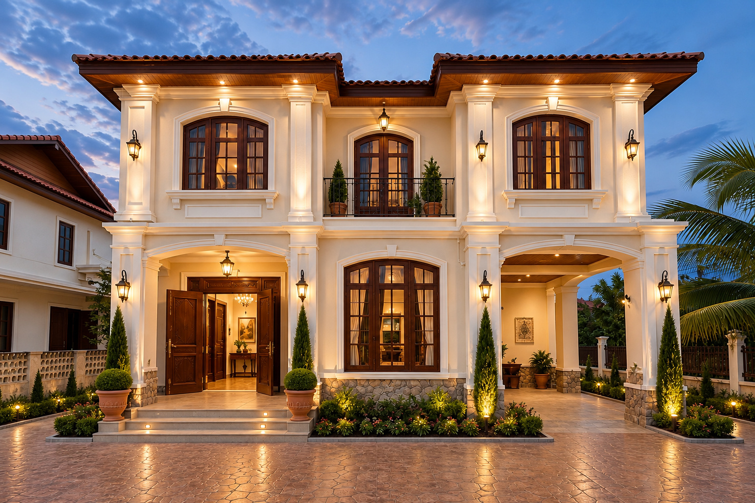 Colonial-style villa facade with covered parking at dusk – new villa, Xaysettha, Vientiane