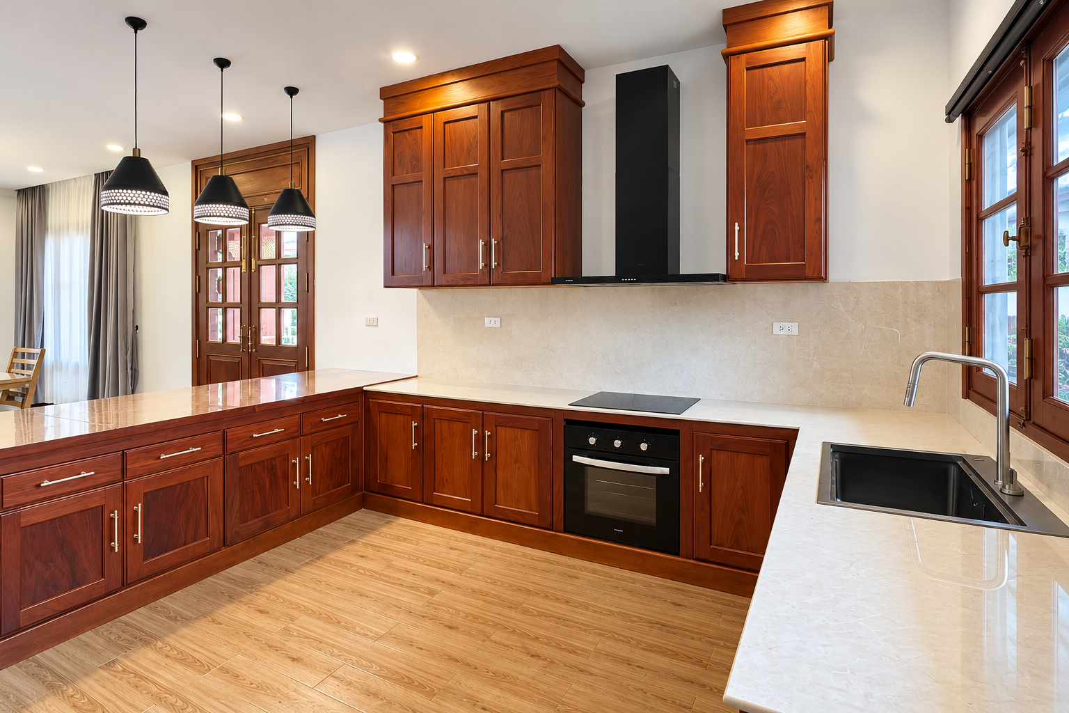Fully equipped kitchen with wood cabinetry, oven and induction hob – new villa, Xaysettha, Vientiane