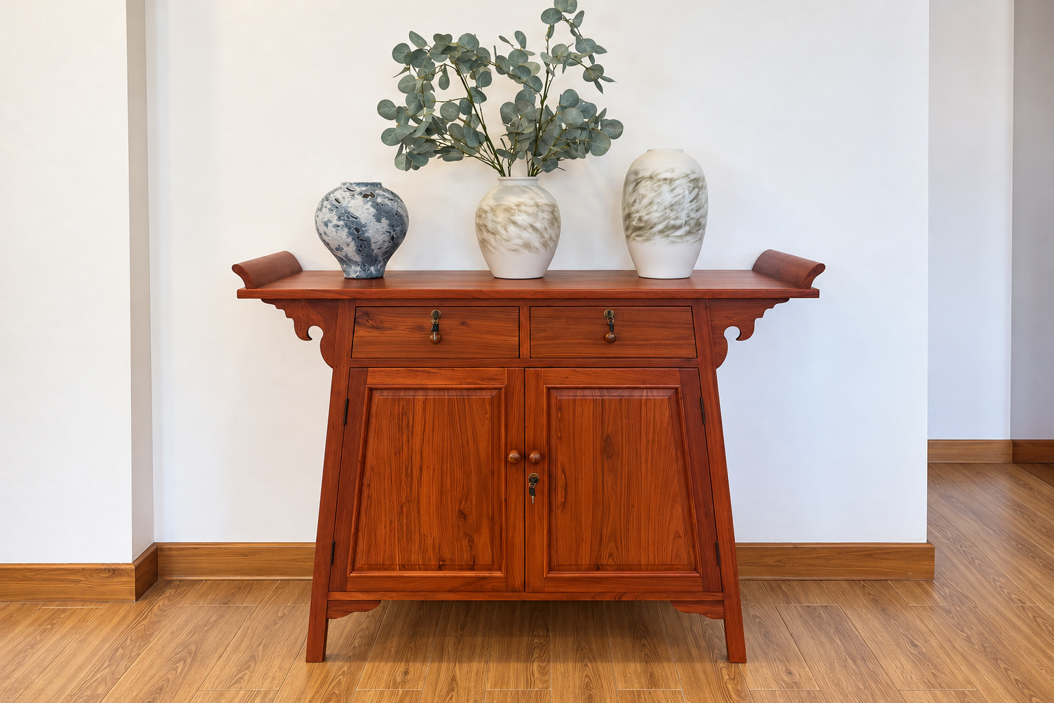 Solid wood console in the living area – new villa, Xaysettha, Vientiane