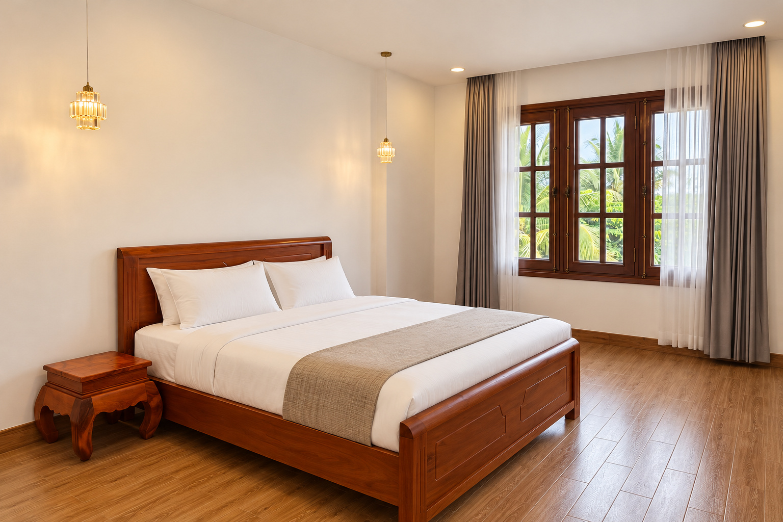 Bedroom with wooden bed and garden view – new villa, Xaysettha, Vientiane