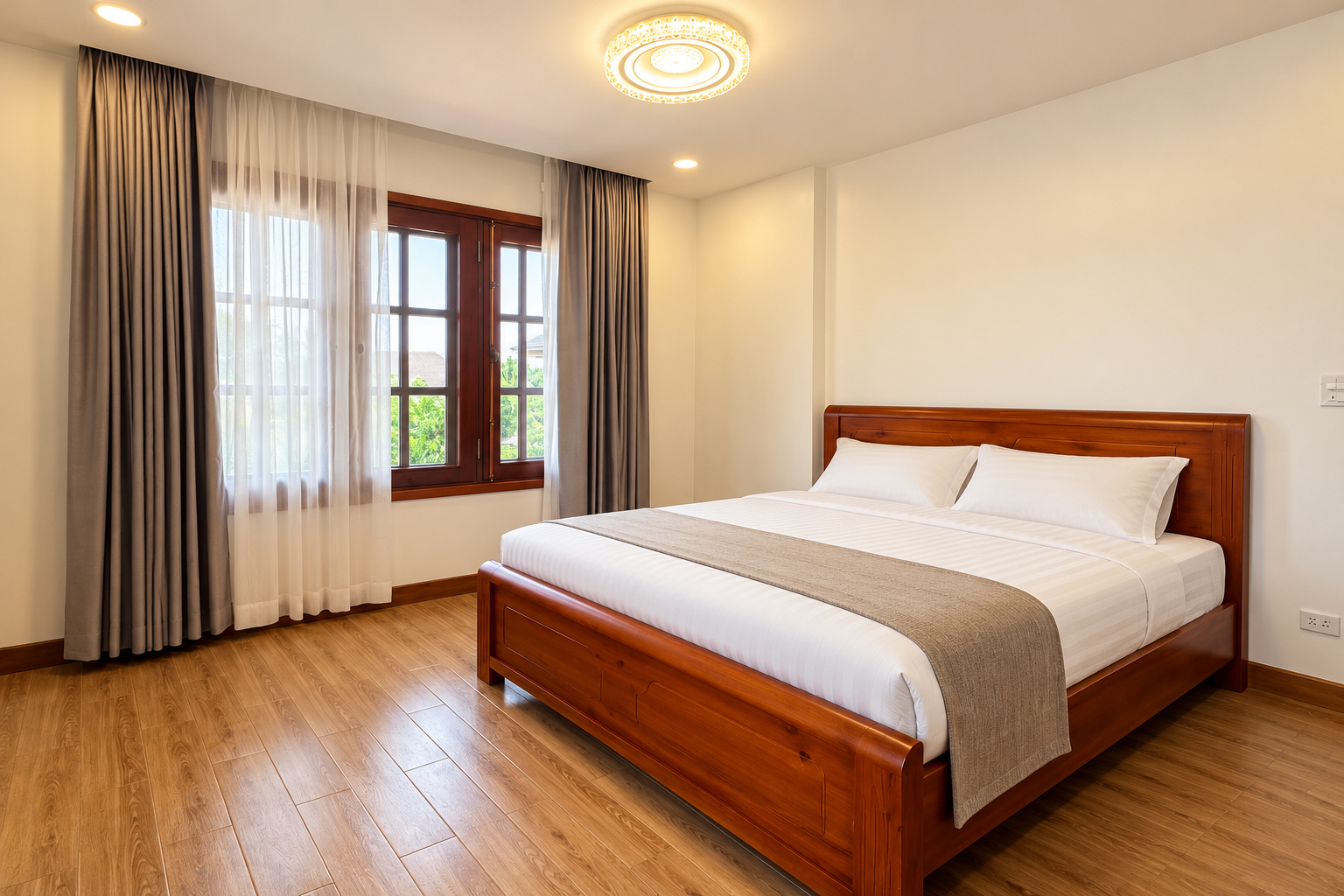 Bedroom with ceiling light and large window – new villa, Xaysettha, Vientiane