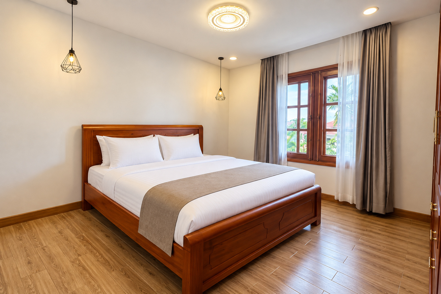 Bedroom with pendant lights and garden view – new villa, Xaysettha, Vientiane