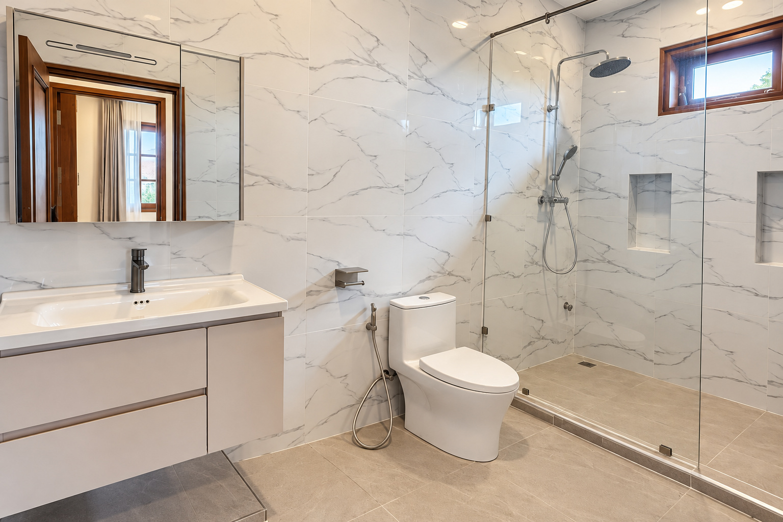 Marble bathroom with walk-in shower – new villa, Xaysettha, Vientiane