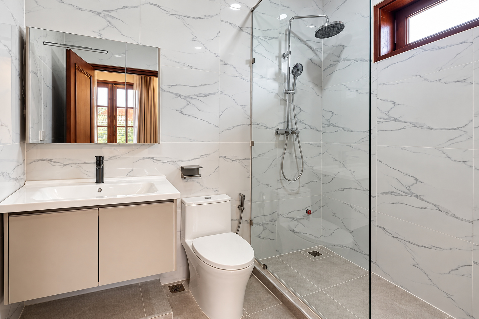 Bathroom with glass shower – new villa, Xaysettha, Vientiane