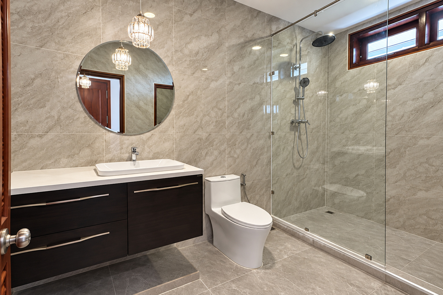 Bathroom with walk-in shower and round mirror – new villa, Xaysettha, Vientiane
