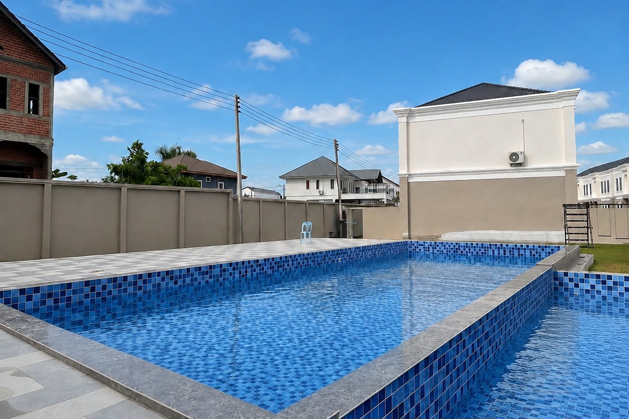 Mosaic-tiled shared swimming pool Mosaic-tiled shared swimming pool – villa 3 bedrooms with shared pool, Sisattanak expat area, Vientiane