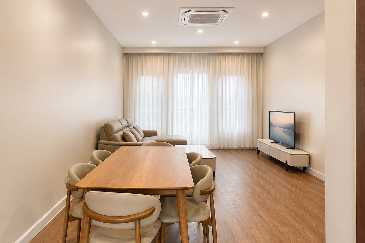 Open living and dining area with smart TV Open living and dining area with smart TV – villa 3 bedrooms with shared pool, Sisattanak expat area, Vientiane