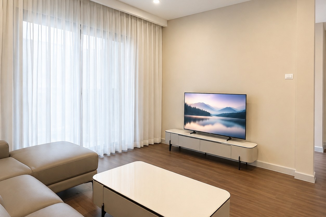 Living room with smart TV and sheer curtains Living room with smart TV and sheer curtains – villa 3 bedrooms with shared pool, Sisattanak expat area, Vientiane