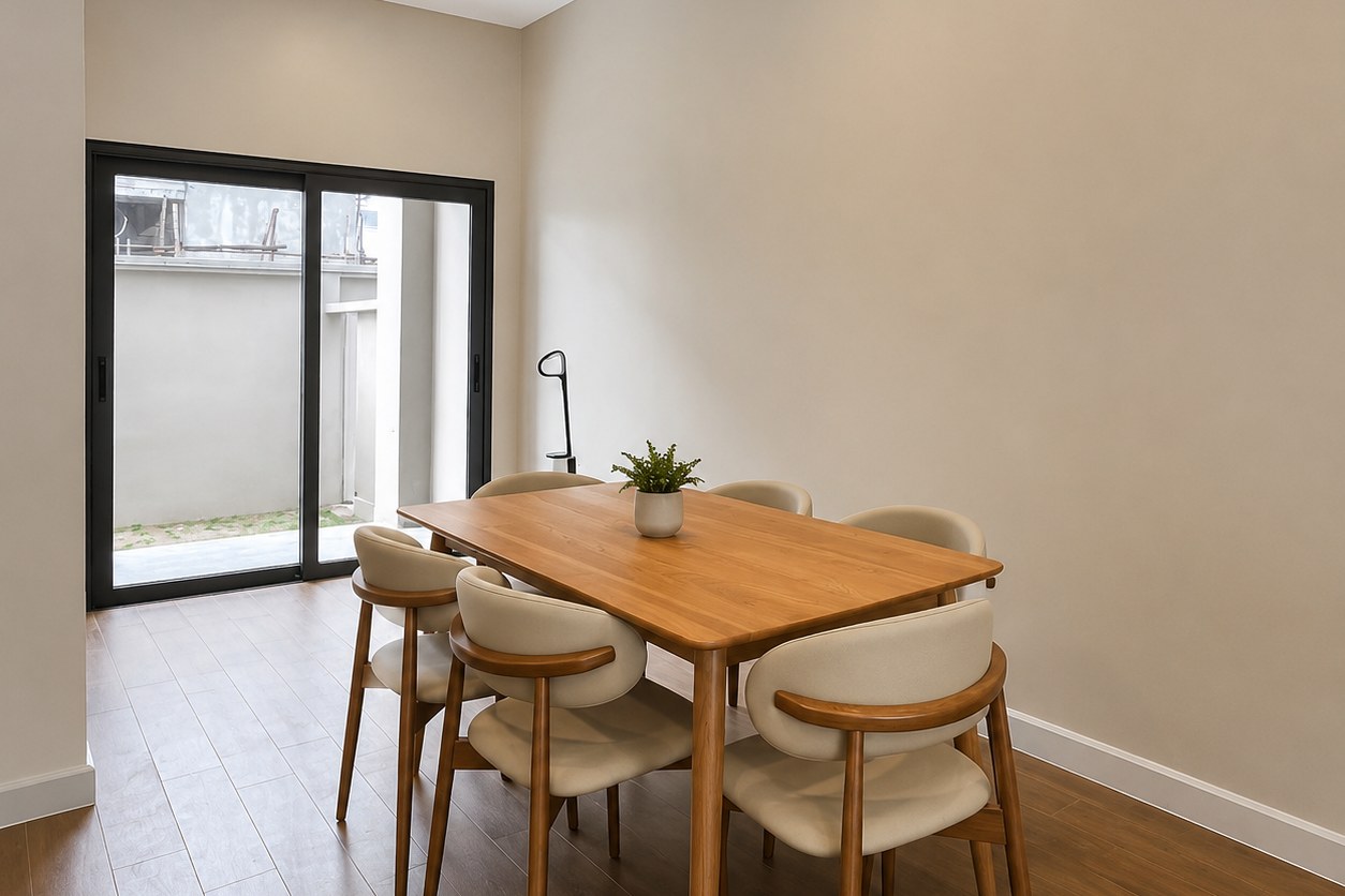 Dining area with wooden table and sliding door Dining area with wooden table and sliding door – villa 3 bedrooms with shared pool, Sisattanak expat area, Vientiane